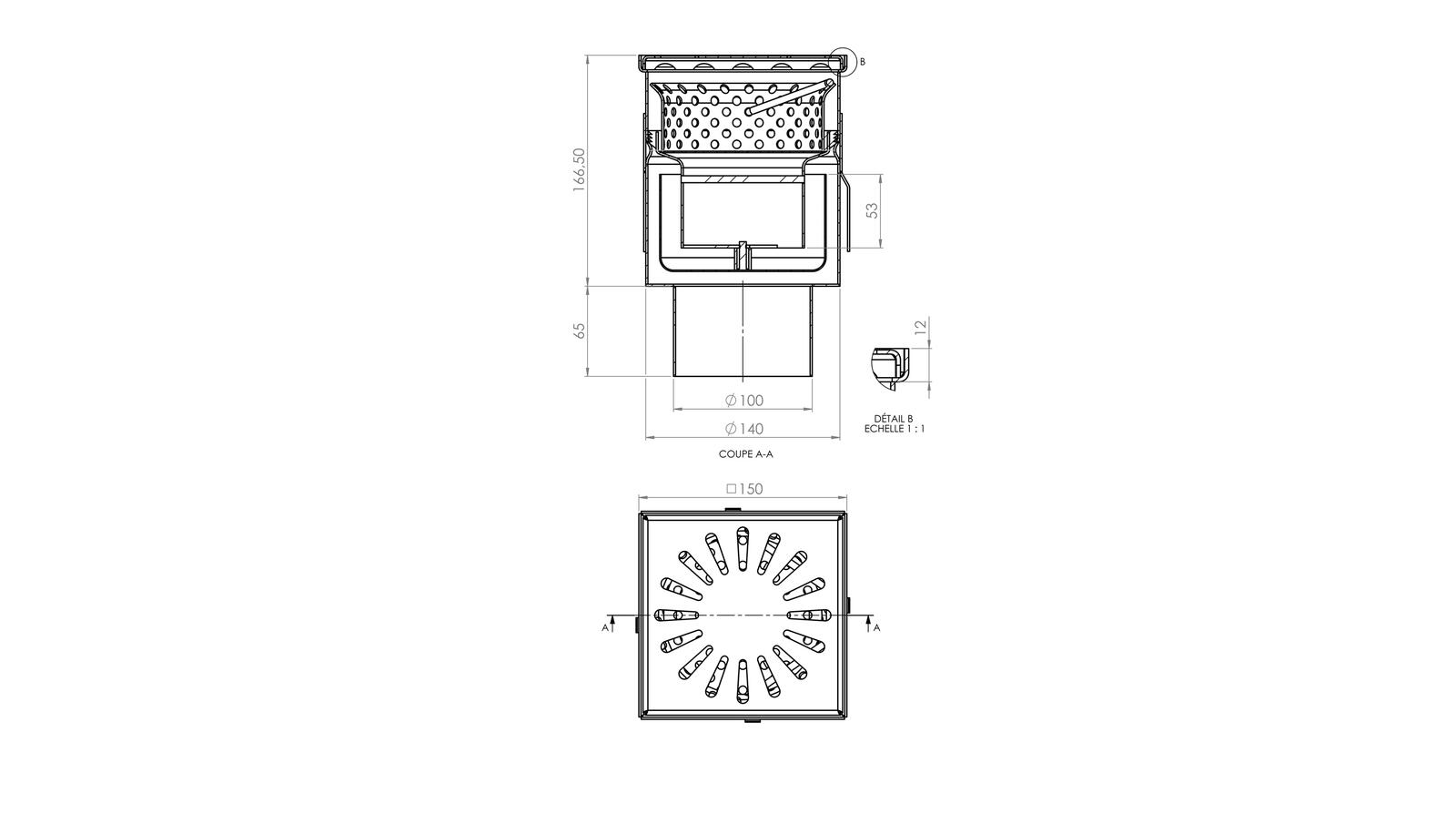 Schéma - 15100 IP - Floor drain trap 150x150 with a vertical outlet 100 mm