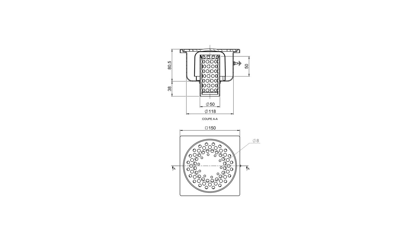 Schéma - 1550 + P - Floor drain trap 150x150 with a vertical outlet 50 mm