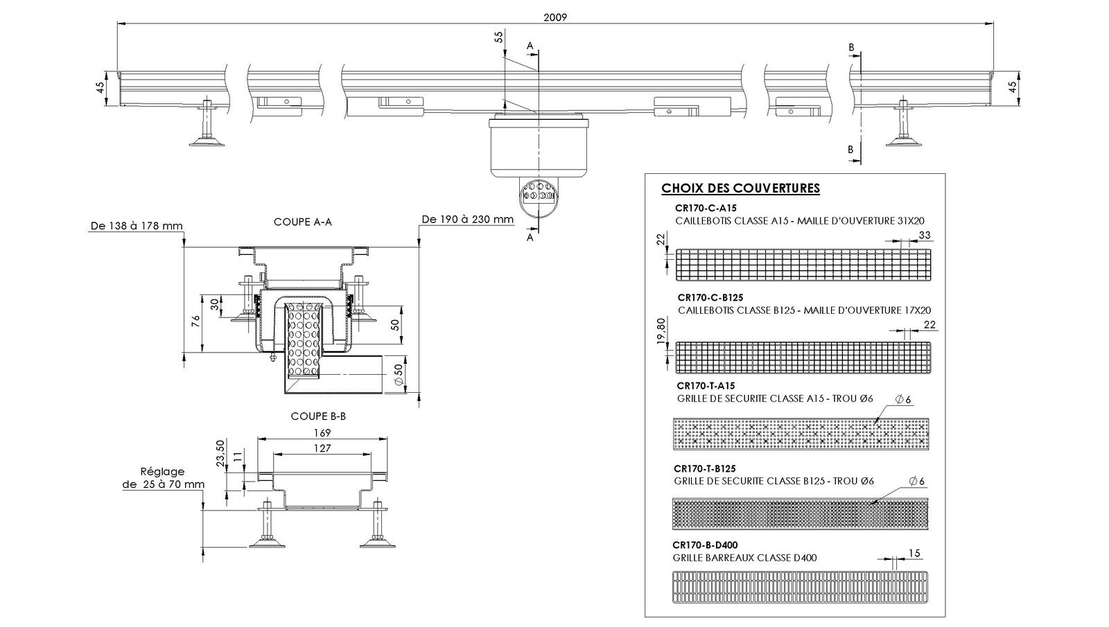 Schéma - MONORHONE170-FLC-20 - Monorhône® 2009 mm siphon au centre sortie latérale 50 mm