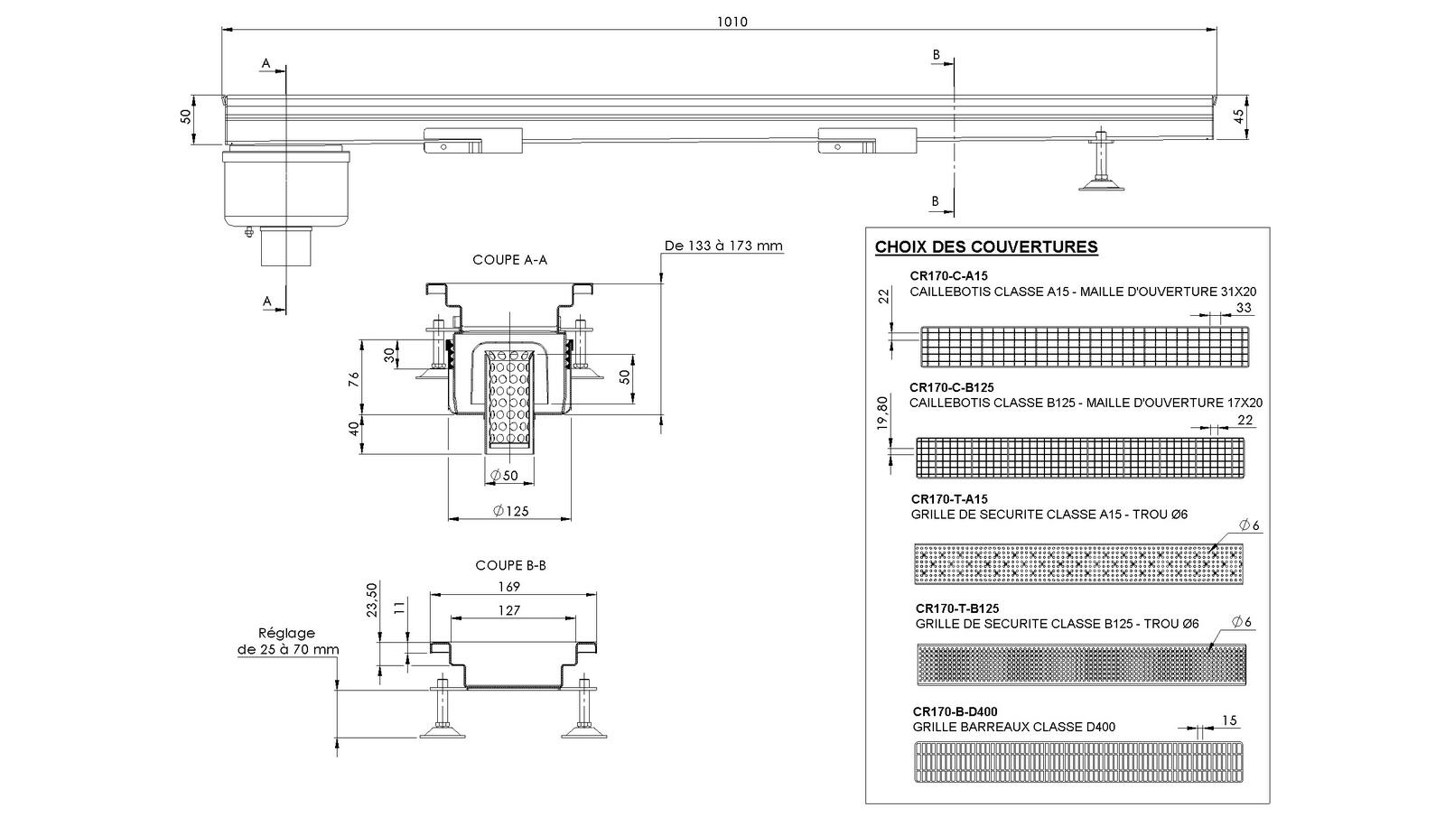 Schéma - MONORHONE170-FVB-10 - Monorhône® 1010 mm siphon en bout sortie verticale 50 mm