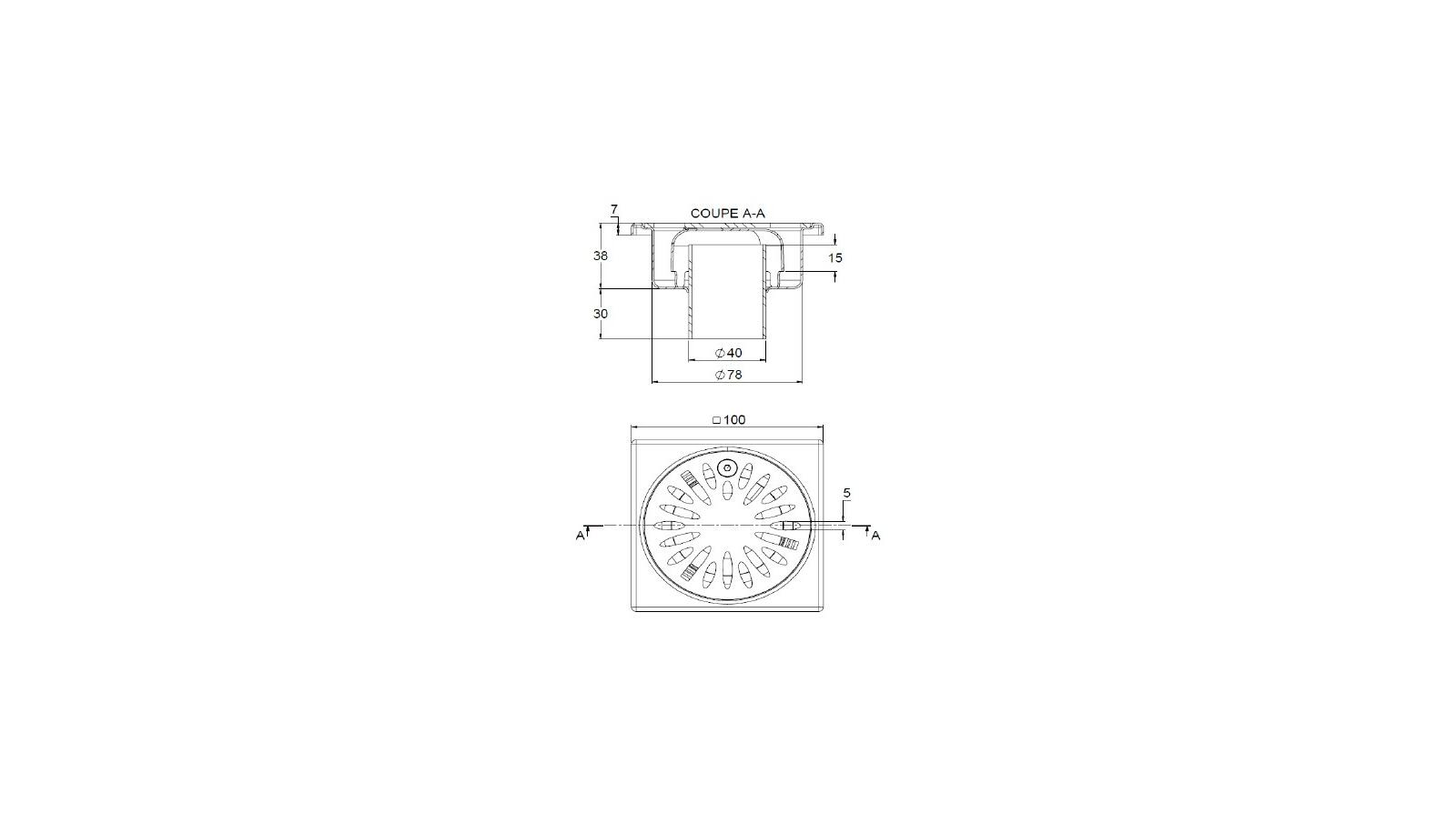 Schéma - 1040M - Siphon Mixte 100x100 sortie verticale 40 mm