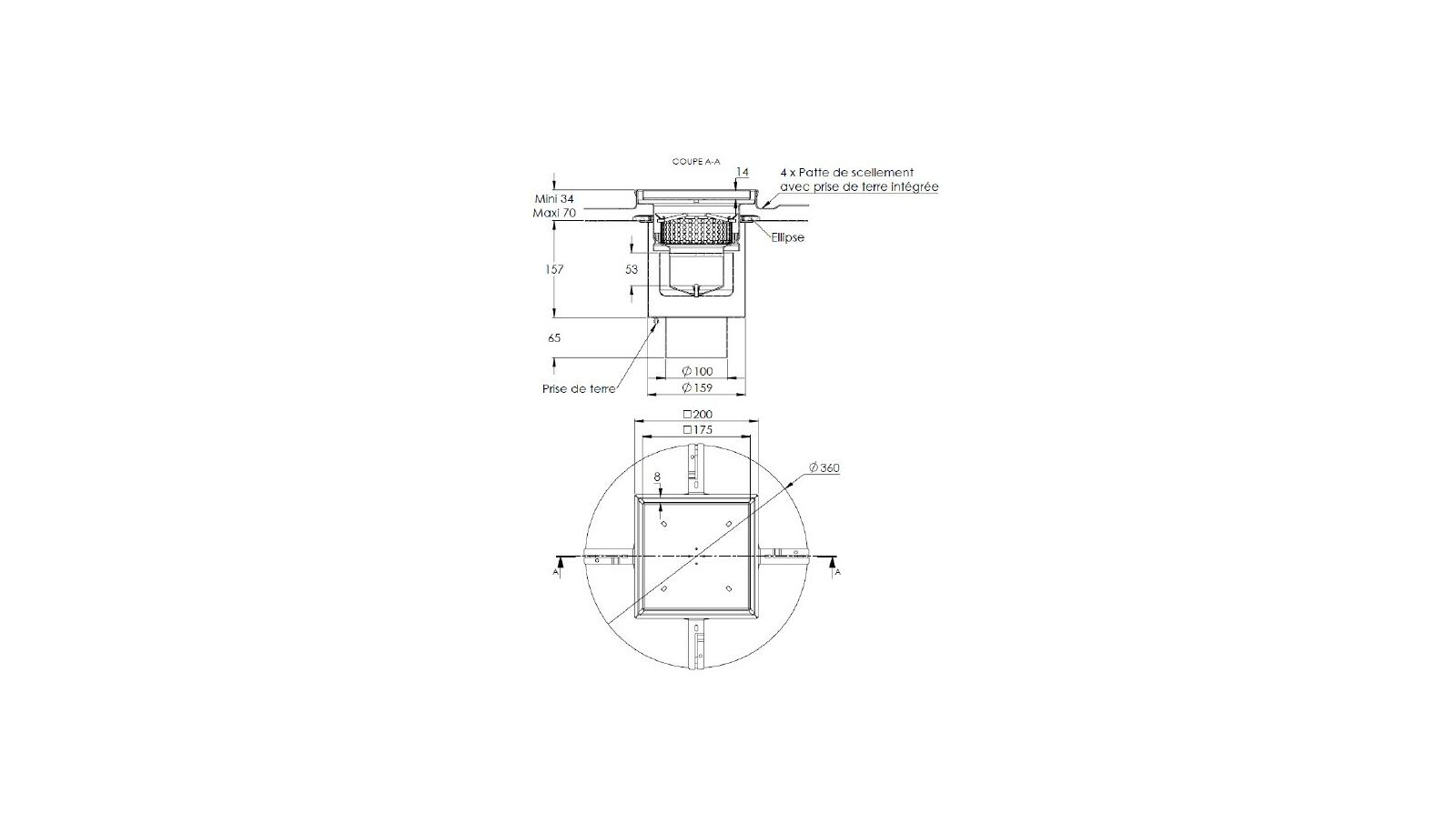 Schéma - 20100ITPG-PE - Siphon 200x200 sortie verticale 100 mm