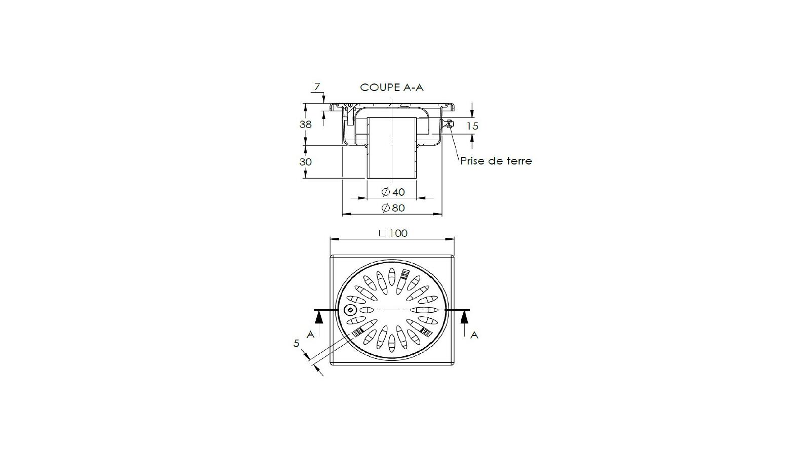 Schéma - 1040M - Floor drain trap 100x100 with a vertical outlet 40 mm Schéma - 1040M - Floor drain trap 100x100 with a vertical outlet 40 mm