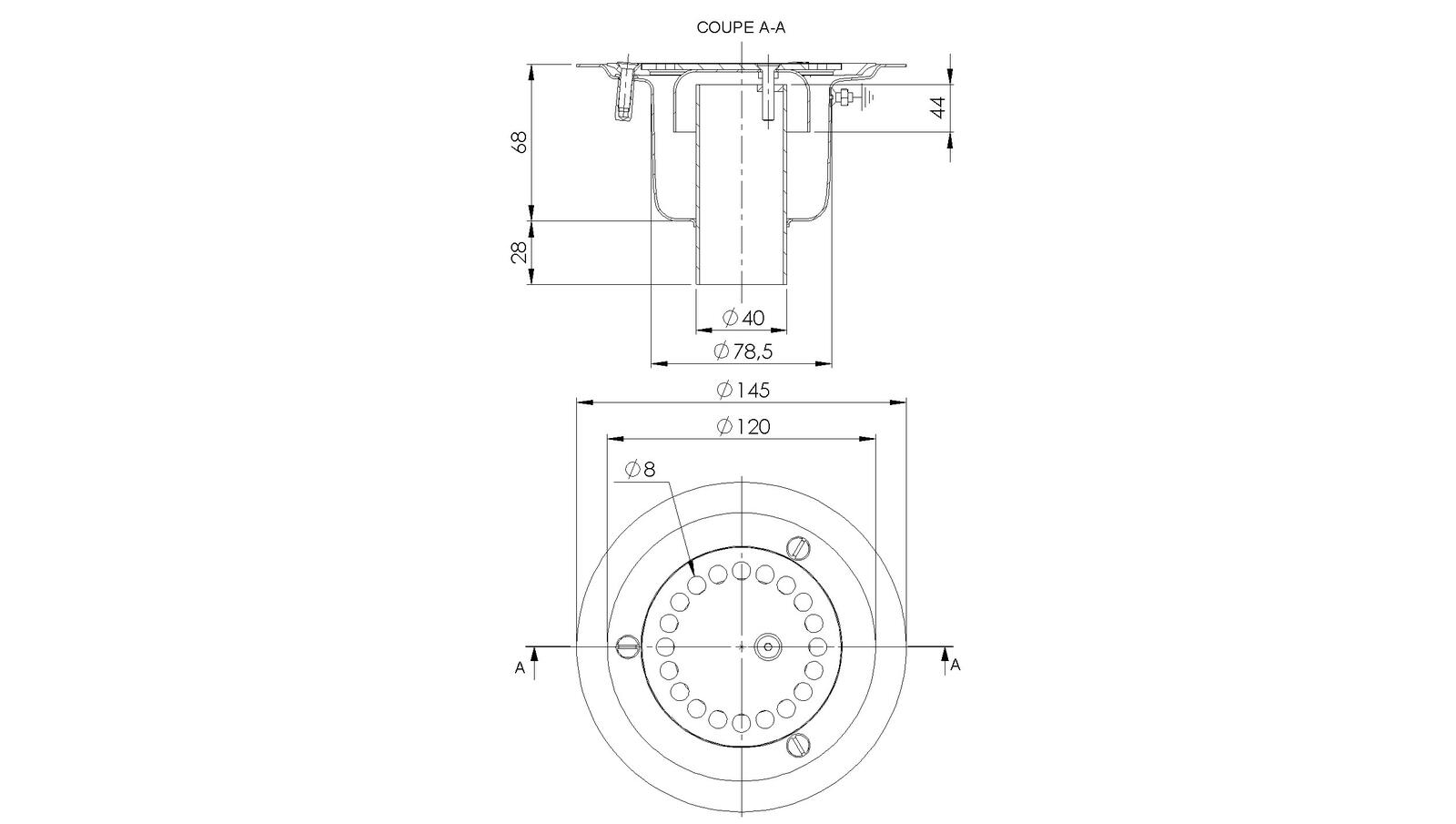 Schéma - 14401V - Round floor drain trap Ø145 mm with a vertical outlet 40 mm