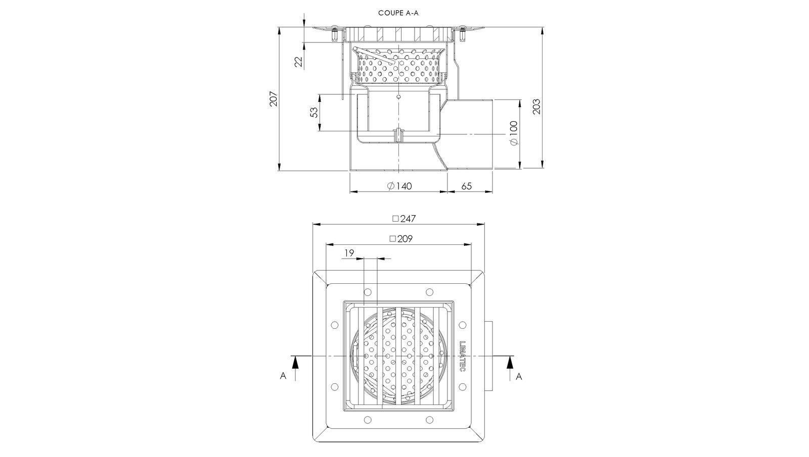 Schéma - 20100ZILPB - Floor drain trap 247x247 with a side outlet 100 mm