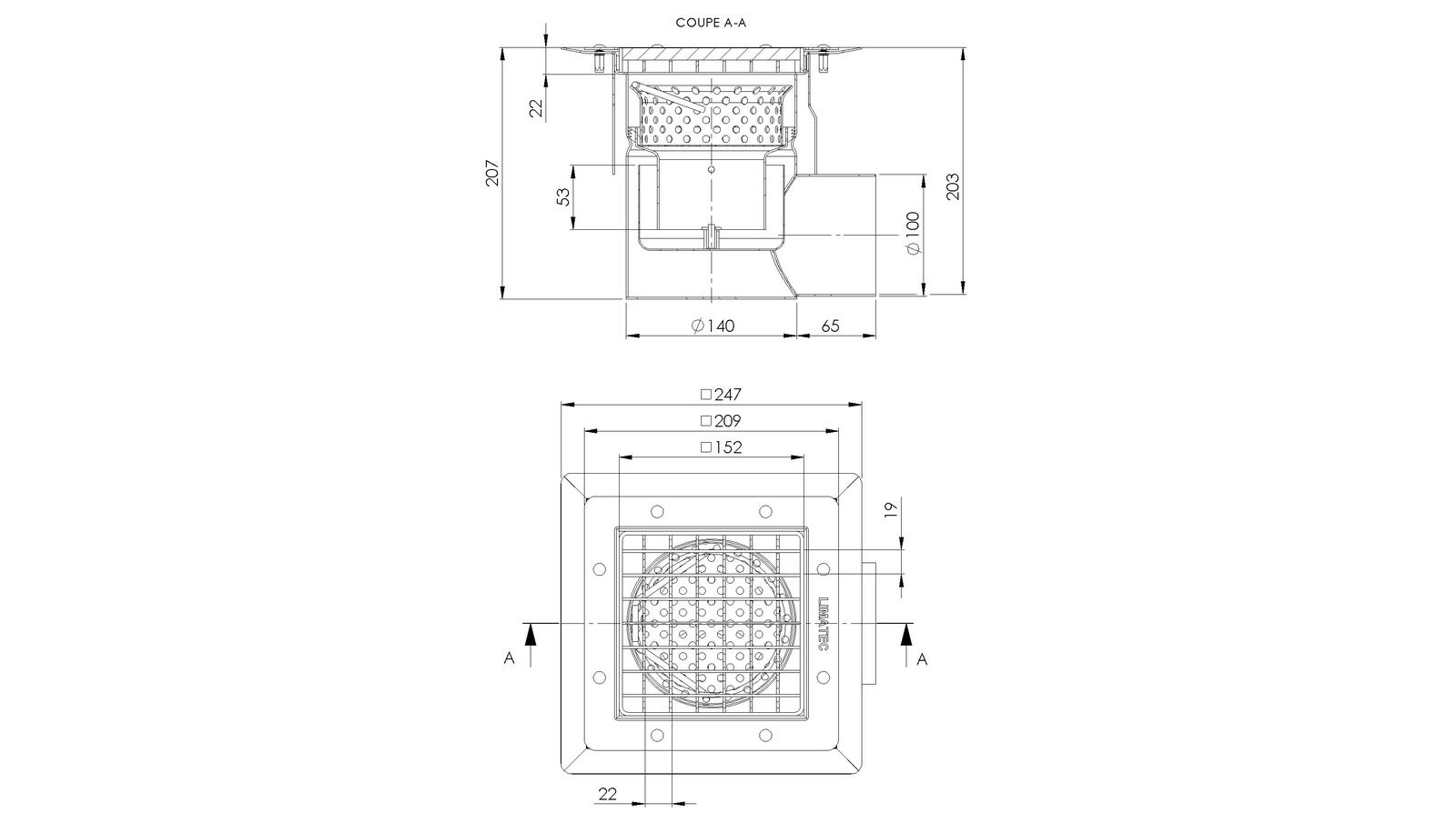 Schéma - 20100ZILP - Floor drain trap 247x247 with a side outlet 100 mm