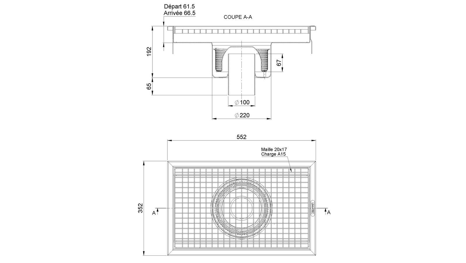 Schéma - RV3.5C - Caniveau Rivière® 552x352 à sortie verticale 100 mm